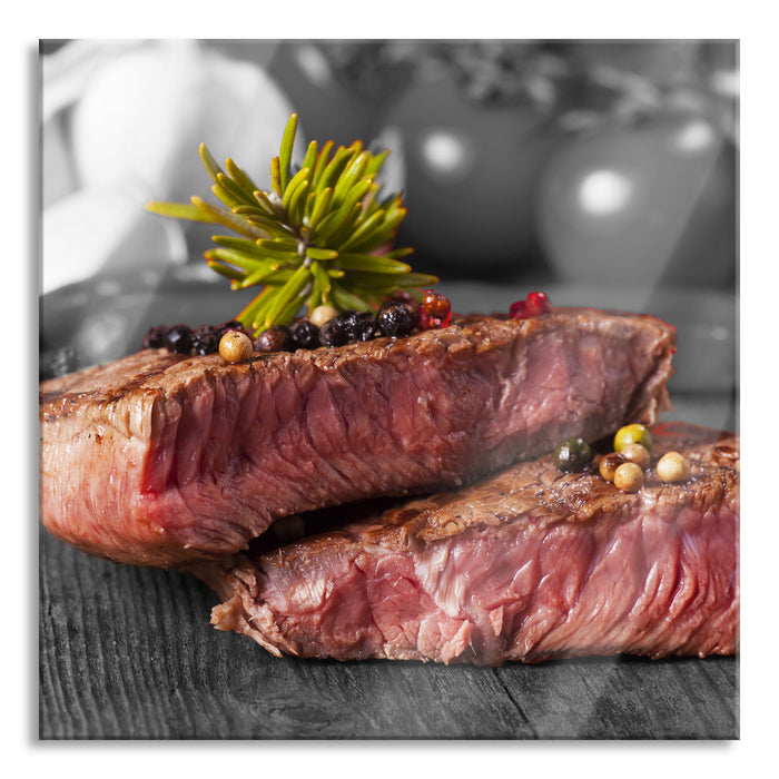 Leckeres Pfeffer Steak Medium, Glasbild Quadratisch