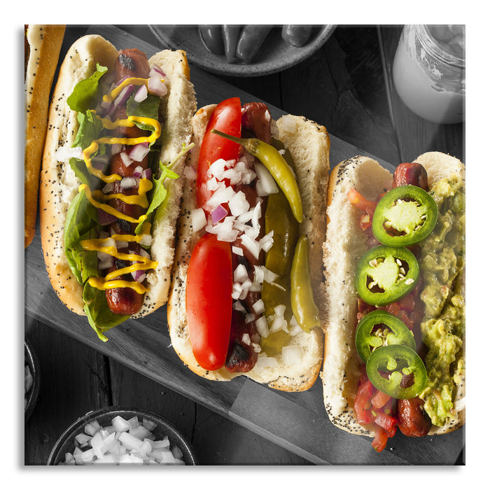 Pixxprint Delikate Hotdogs, Glasbild Quadratisch