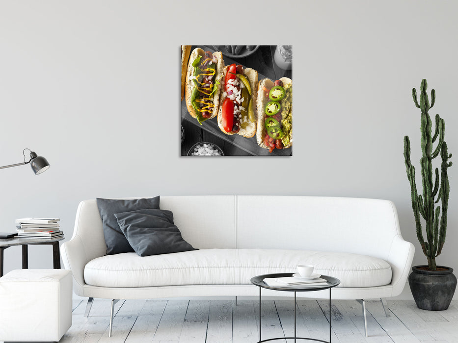 Delikate Hotdogs, Glasbild Quadratisch
