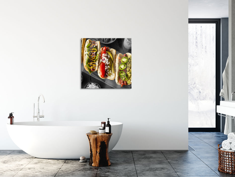 Delikate Hotdogs, Glasbild Quadratisch