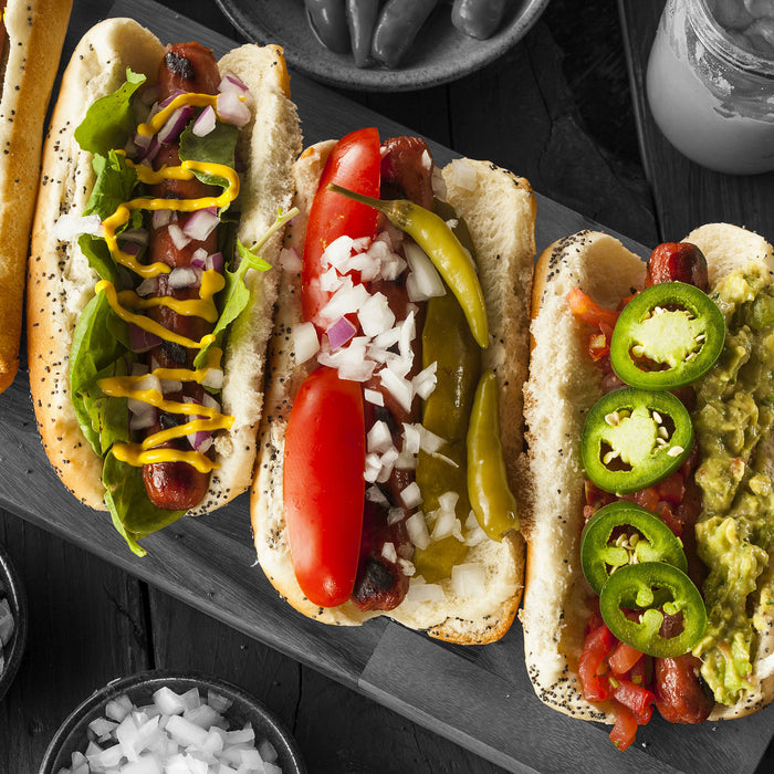 Delikate Hotdogs, Glasbild Quadratisch