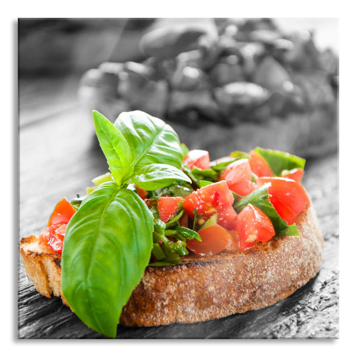 Leckere Tomaten Bruchetta, Glasbild Quadratisch