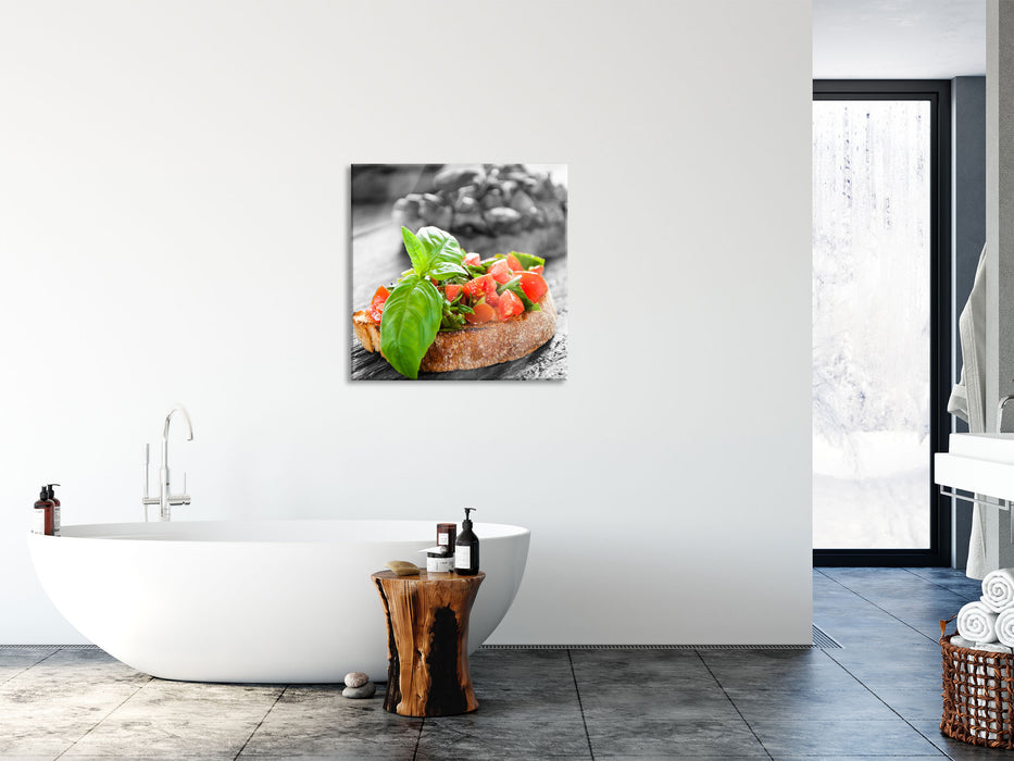 Leckere Tomaten Bruchetta, Glasbild Quadratisch