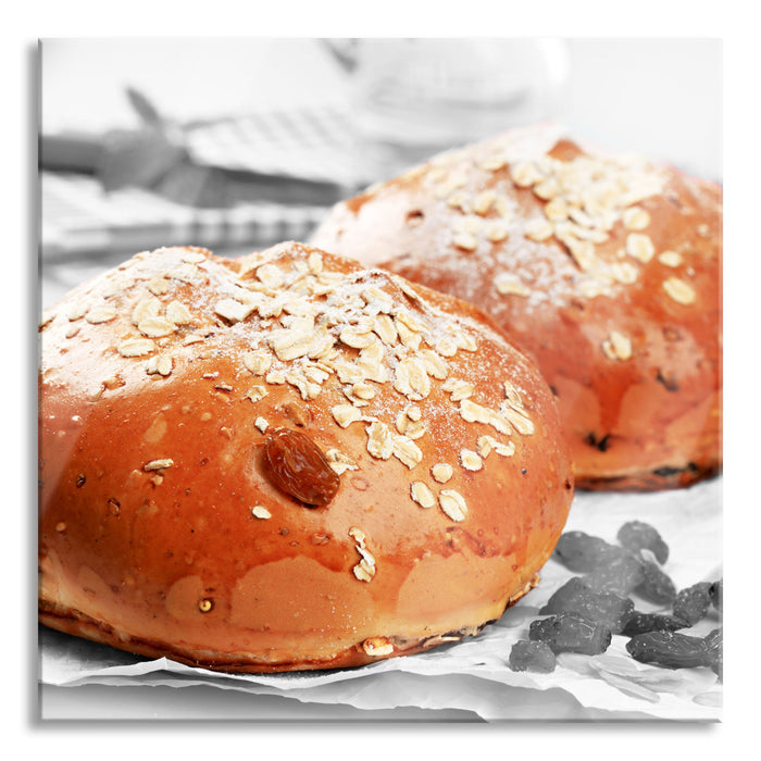 Pixxprint Rosinenbrötchen mit Hafer, Glasbild Quadratisch
