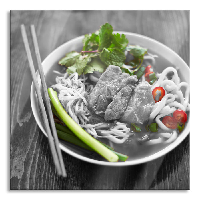 Pixxprint Nudelsuppe mit Fleisch, Glasbild Quadratisch