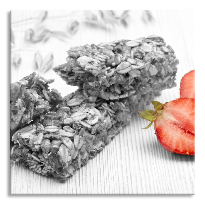 Pixxprint Müsliriegel mit Erdbeere, Glasbild Quadratisch