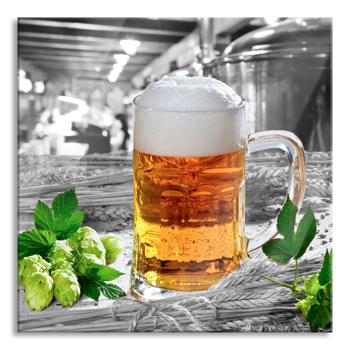 Pixxprint Frisches Bier mit Schaumkrone, Glasbild Quadratisch