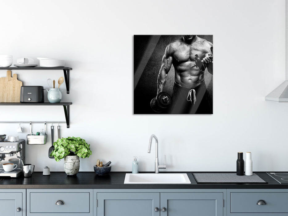 Trainierender Bodybuilder, Glasbild Quadratisch