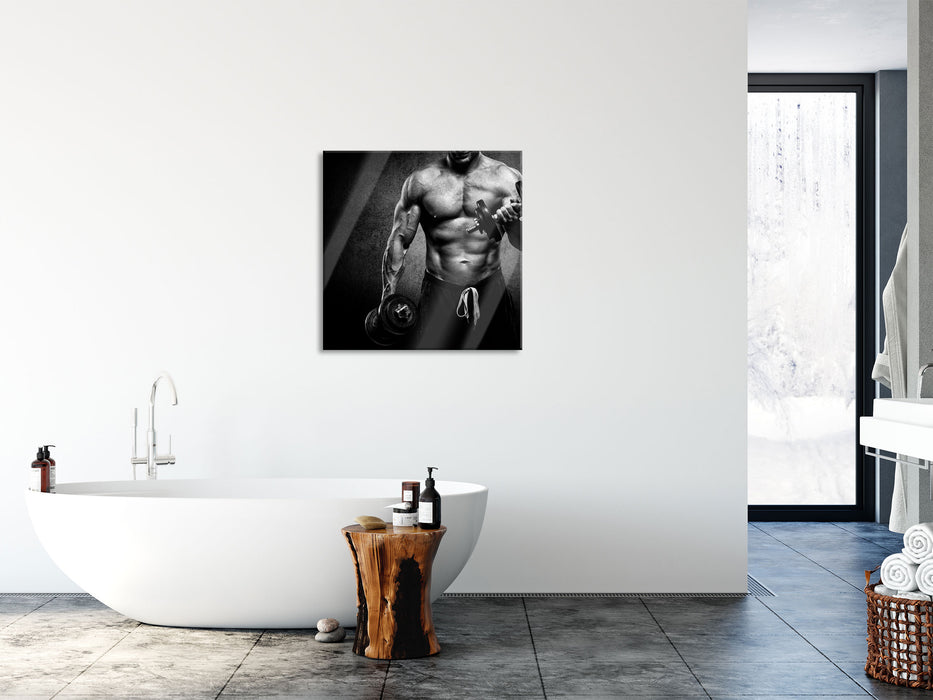 Trainierender Bodybuilder, Glasbild Quadratisch