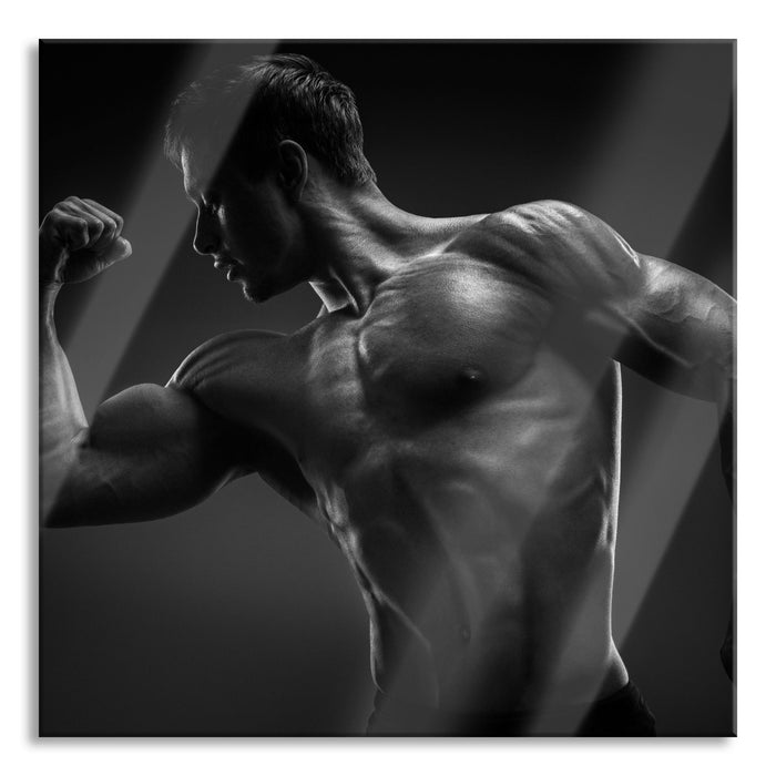 Posender Bodybuilder, Glasbild Quadratisch