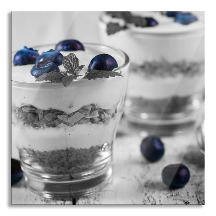 Blaubeerjoghurt mit Müsli, Glasbild Quadratisch