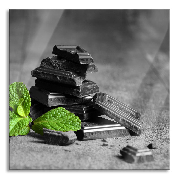 Pixxprint Pfefferminzschokolade in Stücken, Glasbild Quadratisch