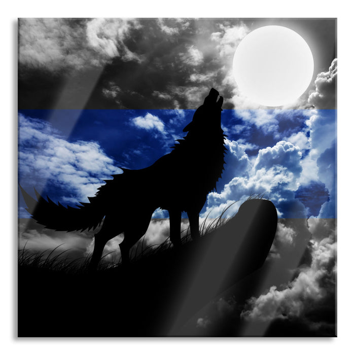 Pixxprint Wolf Silhouette im Vollmond, Glasbild Quadratisch