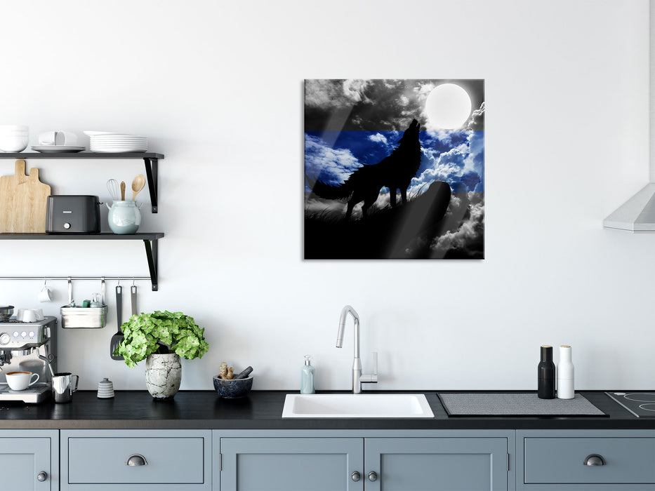 Wolf Silhouette im Vollmond, Glasbild Quadratisch