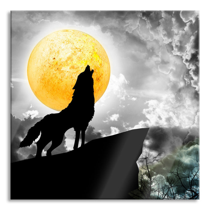 Mystischer Wolf im Vollmond, Glasbild Quadratisch