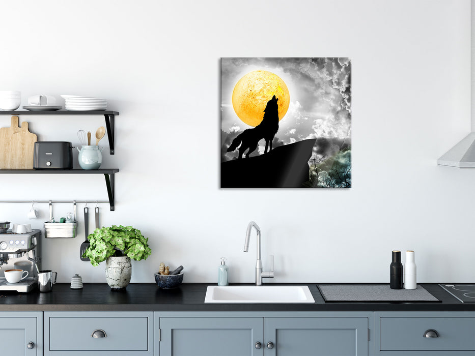 Mystischer Wolf im Vollmond, Glasbild Quadratisch