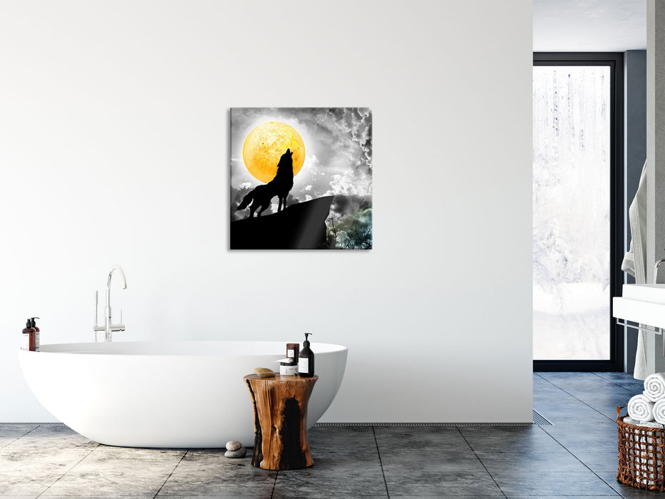 Mystischer Wolf im Vollmond, Glasbild Quadratisch