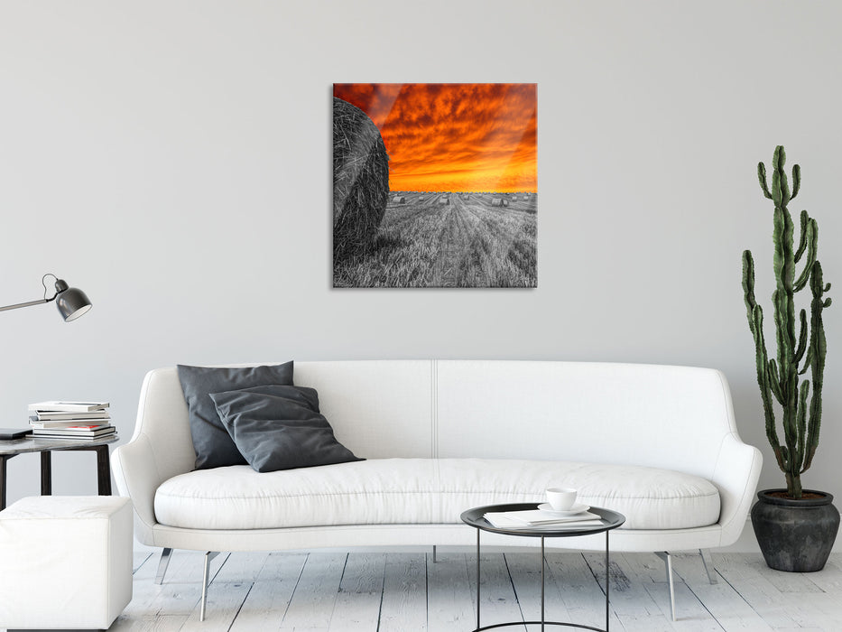 Sonnenuntergang Feldlandschaft, Glasbild Quadratisch