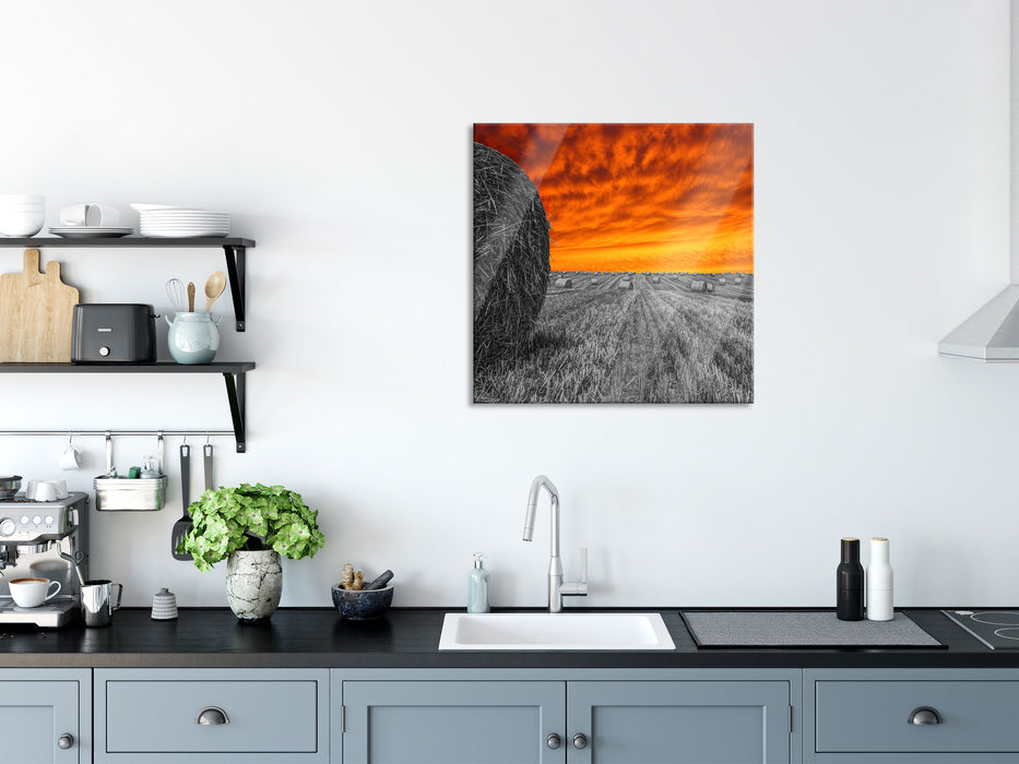 Sonnenuntergang Feldlandschaft, Glasbild Quadratisch