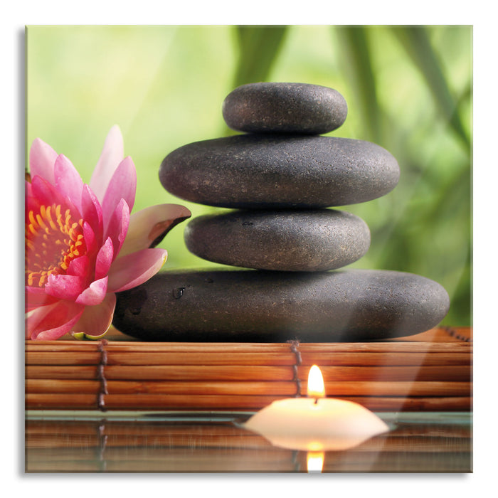 Seerose mit Zen Steinen und Kerzen, Glasbild Quadratisch