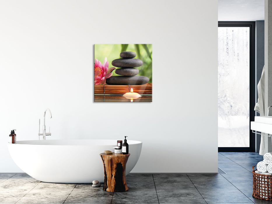 Seerose mit Zen Steinen und Kerzen, Glasbild Quadratisch