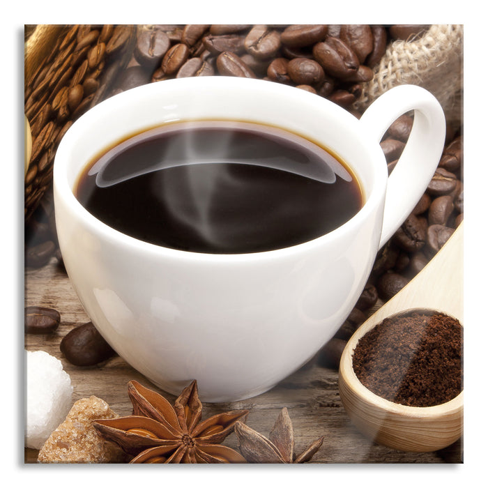 Edler Kaffee und Kaffeebohnen, Glasbild Quadratisch
