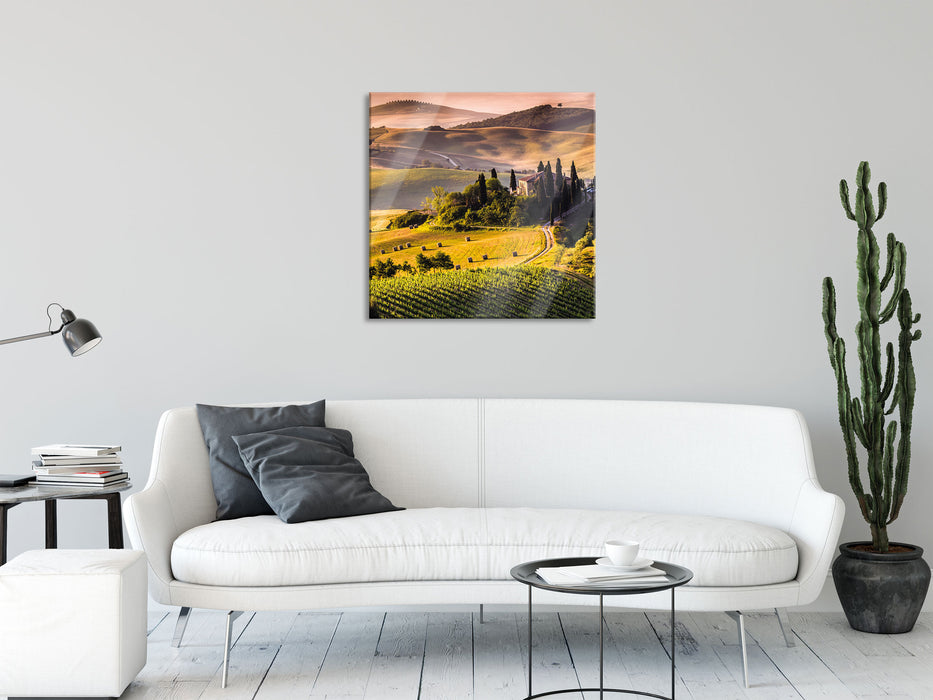 Wunderschöne Toskana Landschaft, Glasbild Quadratisch