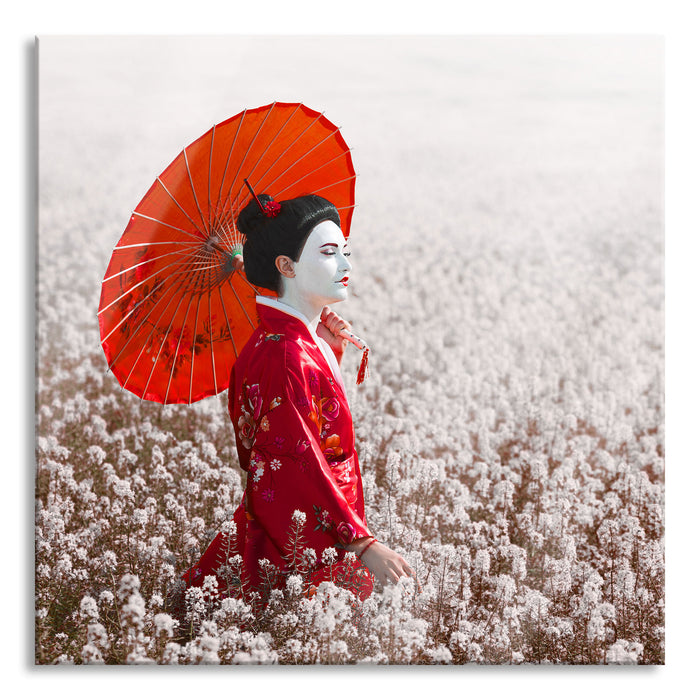 Geisha auf dem Feld, Glasbild Quadratisch