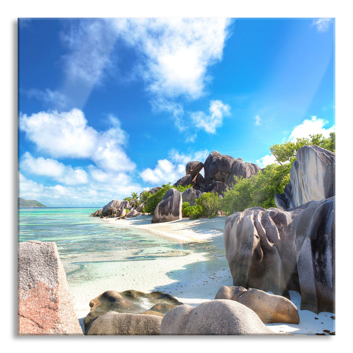 Pixxprint Seychellen Strand, Glasbild Quadratisch