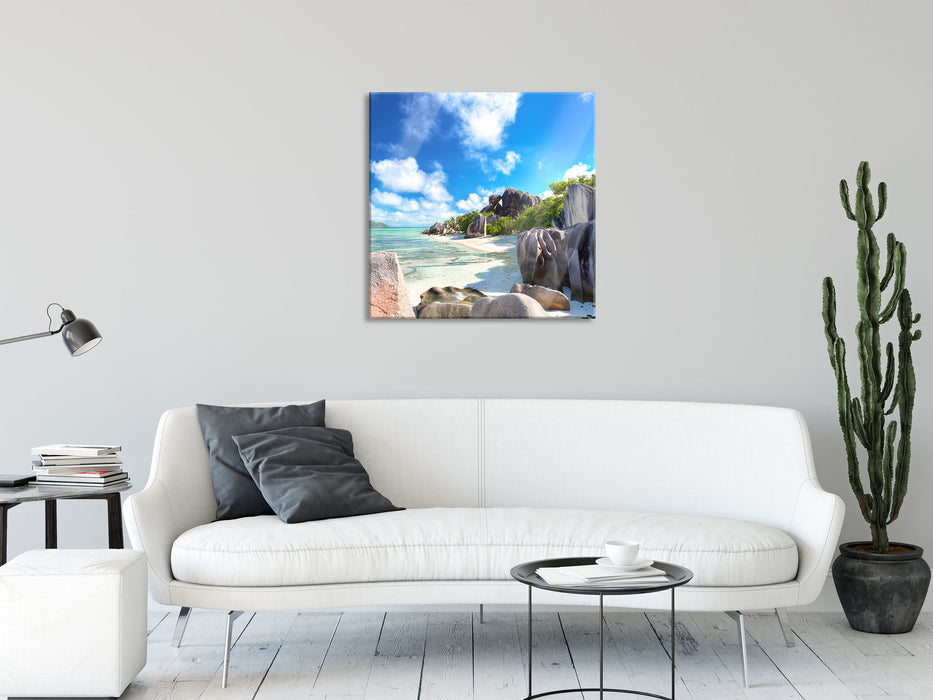 Seychellen Strand, Glasbild Quadratisch