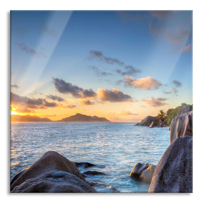 Sonnenuntergang Seychellen, Glasbild Quadratisch