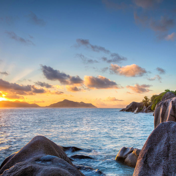 Sonnenuntergang Seychellen, Glasbild Quadratisch