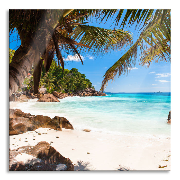 Pixxprint Palmenstrand Seychellen, Glasbild Quadratisch