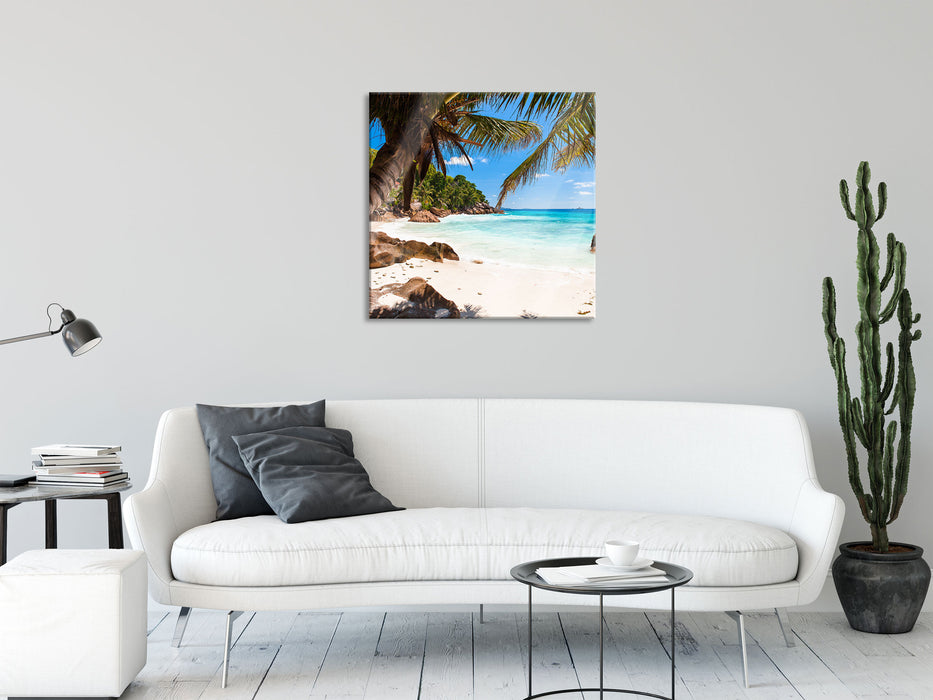 Palmenstrand Seychellen, Glasbild Quadratisch