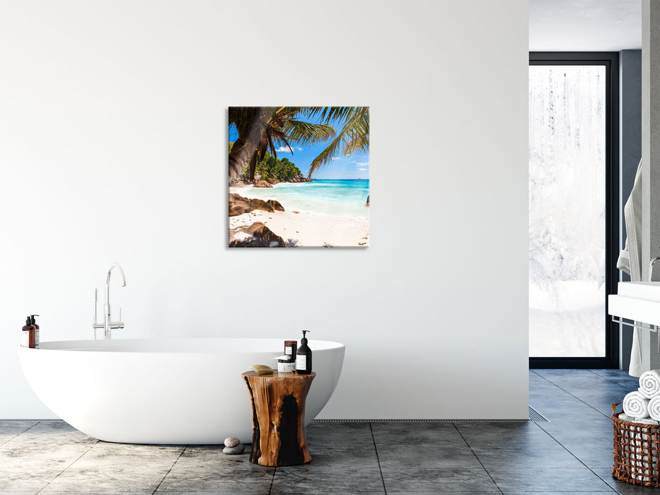 Palmenstrand Seychellen, Glasbild Quadratisch