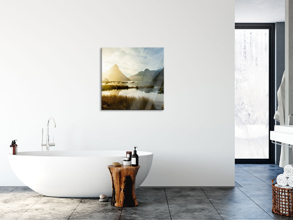 Milford Sound Neuseeland, Glasbild Quadratisch