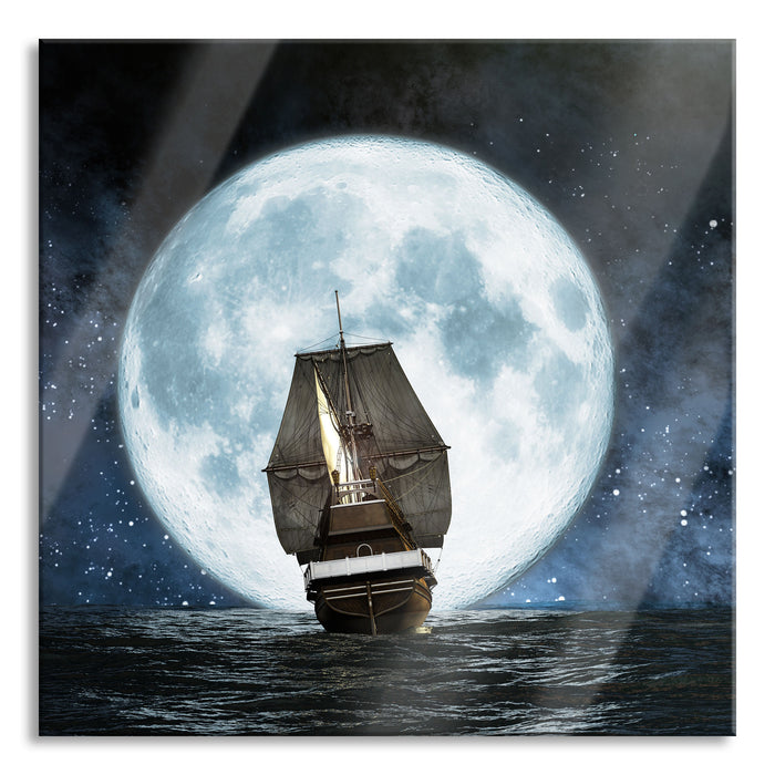 Segelschiff bei Vollmond, Glasbild Quadratisch