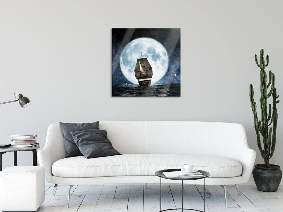 Segelschiff bei Vollmond, Glasbild Quadratisch