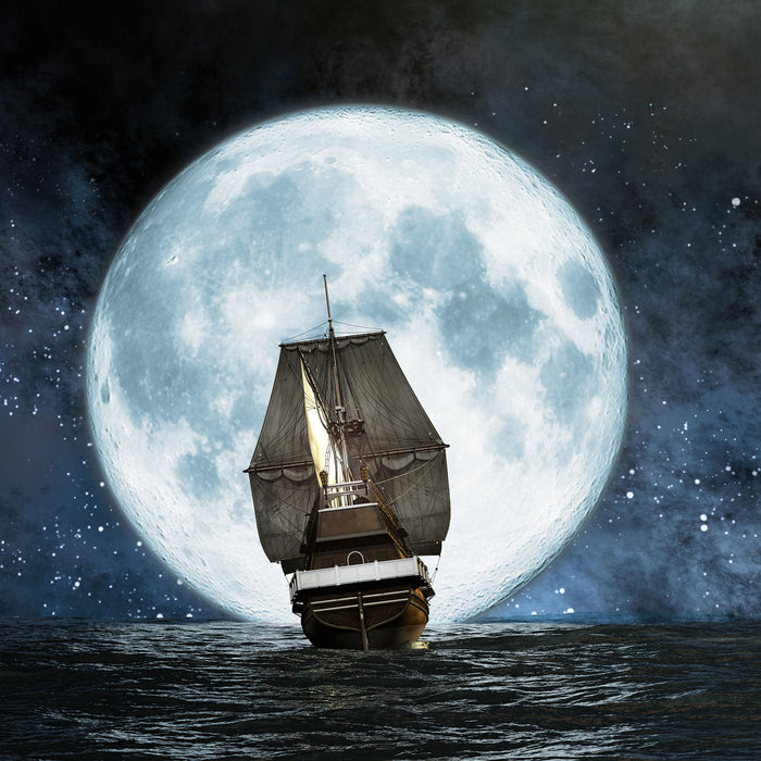 Segelschiff bei Vollmond, Glasbild Quadratisch