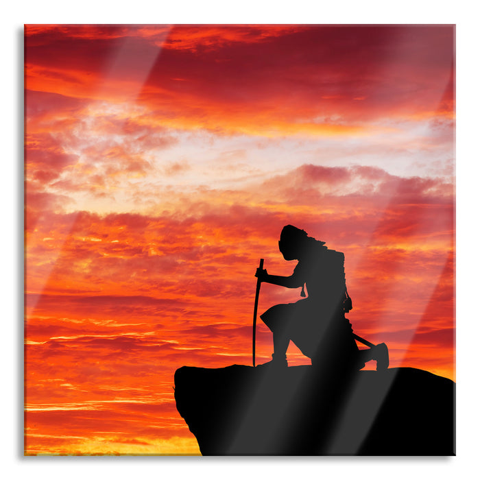 Pixxprint Samurai auf der Spitze des Berges, Glasbild Quadratisch