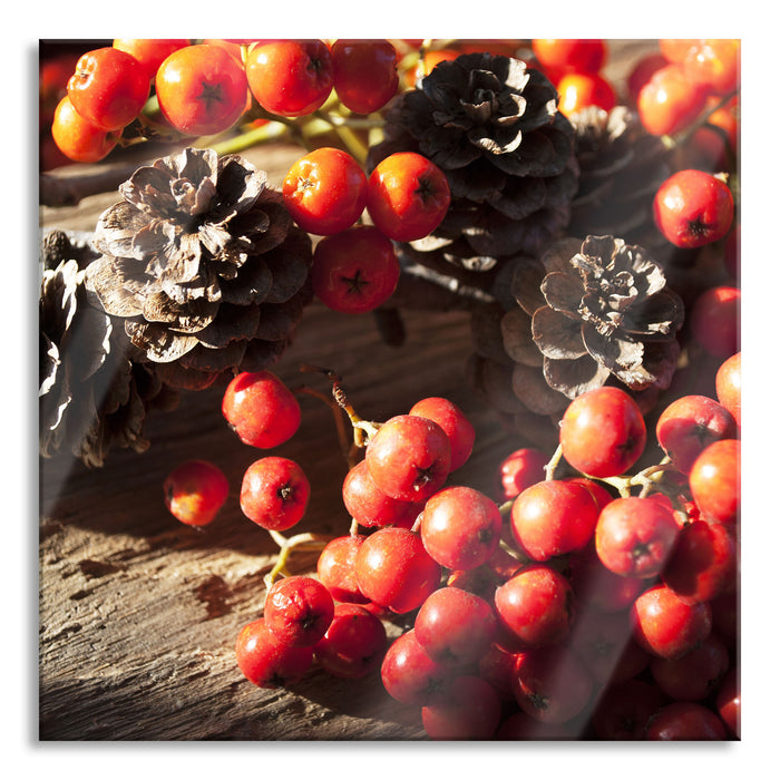 Vogelbeeren und Tannenzapfen, Glasbild Quadratisch