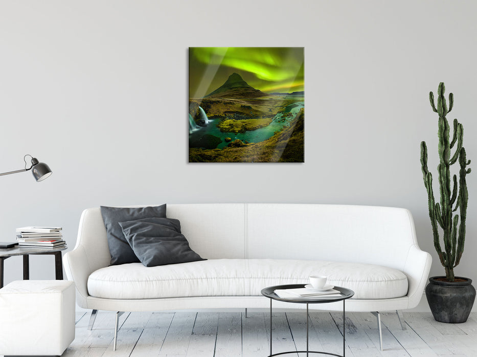 Kirkjufell Wasserfall, Glasbild Quadratisch