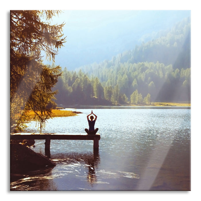 Yoga am See, Glasbild Quadratisch