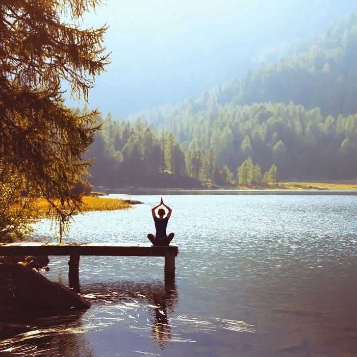 Yoga am See, Glasbild Quadratisch