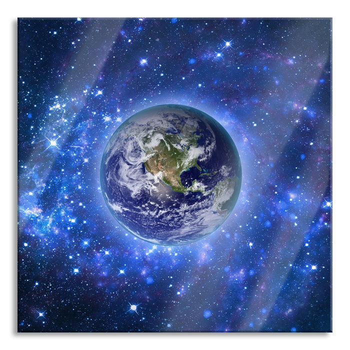 Planet Erde im Weltraum, Glasbild Quadratisch