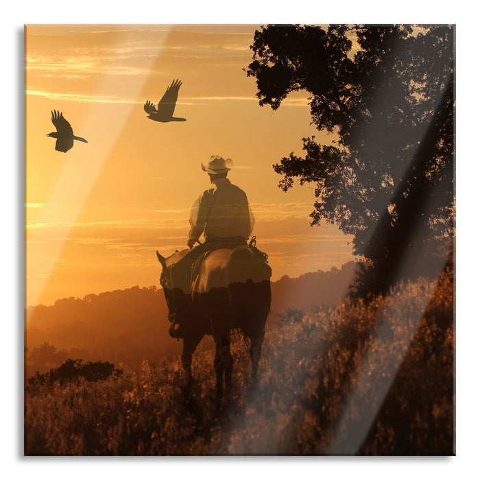 Pixxprint Ein Cowboy im Sonnenuntergang, Glasbild Quadratisch