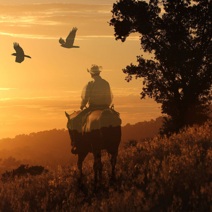 Ein Cowboy im Sonnenuntergang, Glasbild Quadratisch