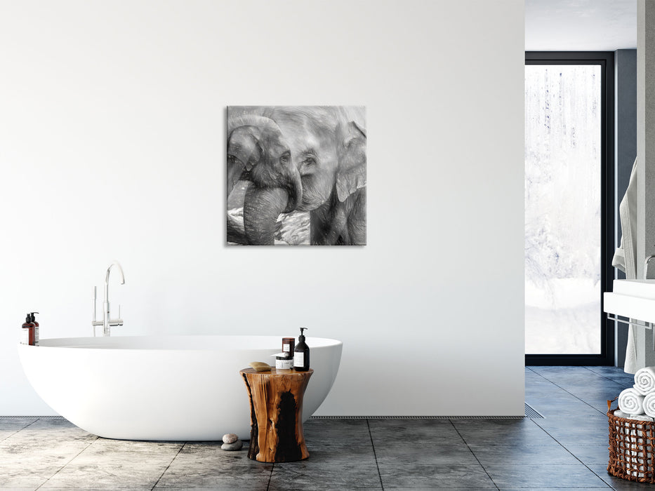 Elefantenmutter mit Kalb, Glasbild Quadratisch