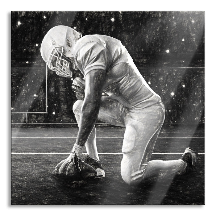 Pixxprint knieender Football-Spieler Kunst, Glasbild Quadratisch