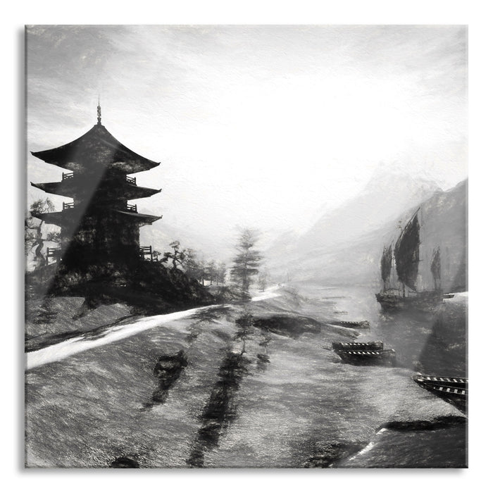 Pixxprint asiatischer Tempel an Fluss, Glasbild Quadratisch